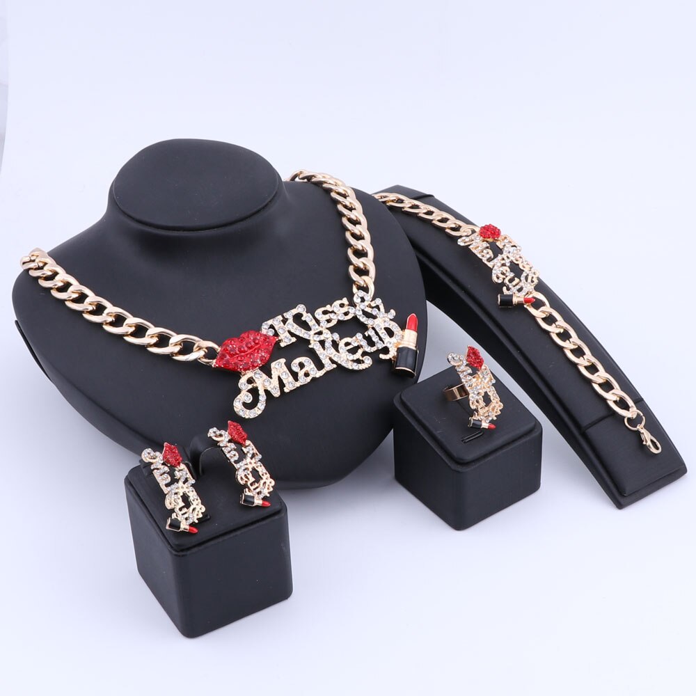 Crystal Red Sexy Lip, Enameled Lipstick, Kiss & Make Up Necklace, Bracelet, Earrings & Ring Wedding Jewelry Set-Jewelry Sets-Innovato Design-Gold-Innovato Design