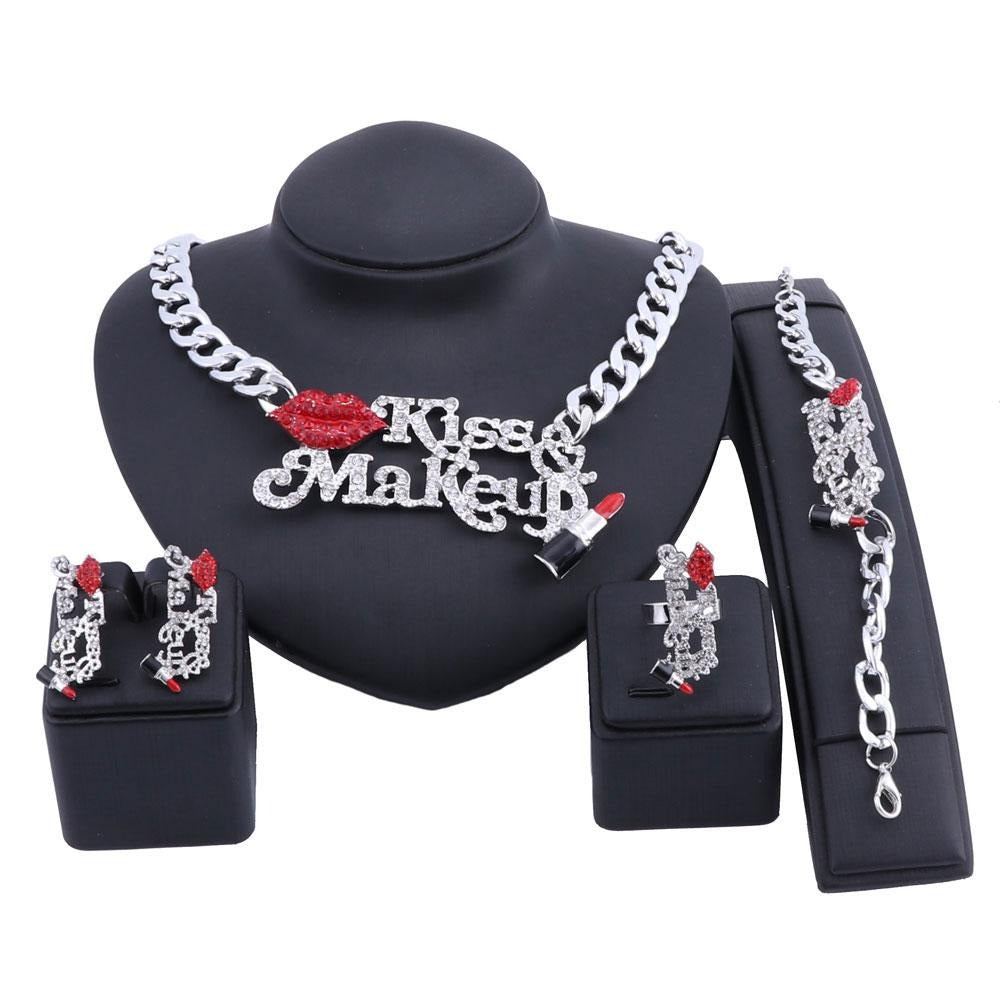 Crystal Red Sexy Lip, Enameled Lipstick, Kiss & Make Up Necklace, Bracelet, Earrings & Ring Wedding Jewelry Set-Jewelry Sets-Innovato Design-Silver-Innovato Design