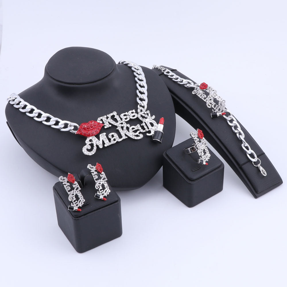 Crystal Red Sexy Lip, Enameled Lipstick, Kiss & Make Up Necklace, Bracelet, Earrings & Ring Wedding Jewelry Set-Jewelry Sets-Innovato Design-Gold-Innovato Design