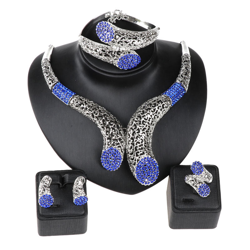 Silver-Plated Blue Rhinestone Necklace, Bracelet, Earrings & Ring Wedding Jewelry Set-Jewelry Sets-Innovato Design-Innovato Design