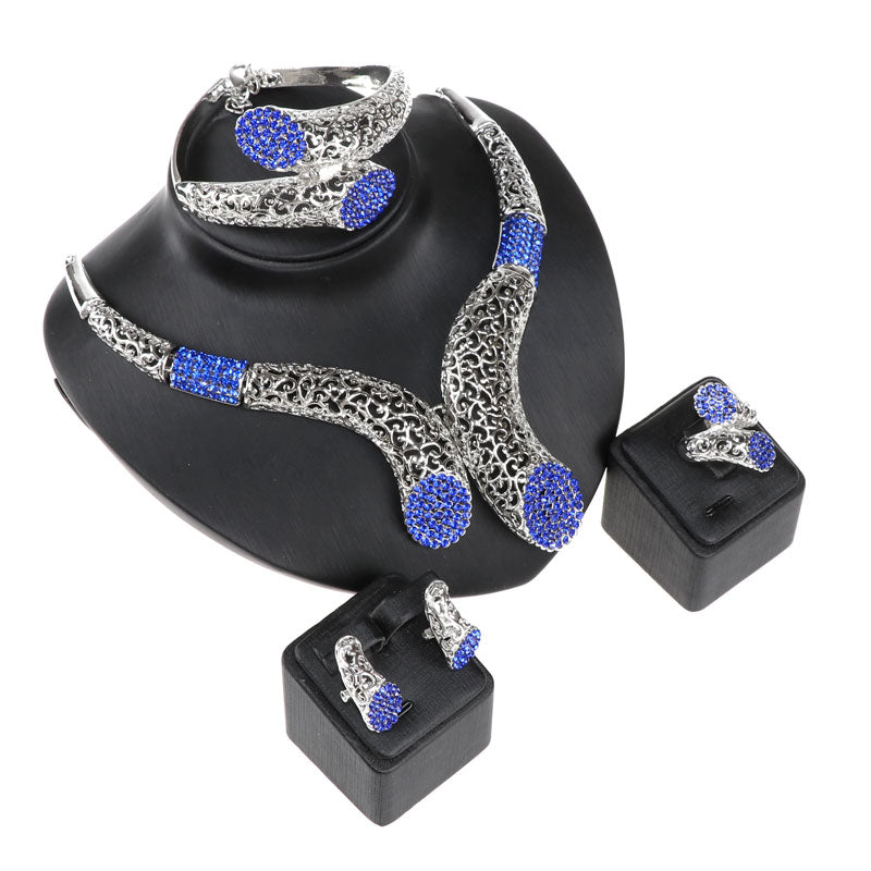 Silver-Plated Blue Rhinestone Necklace, Bracelet, Earrings & Ring Wedding Jewelry Set-Jewelry Sets-Innovato Design-Innovato Design