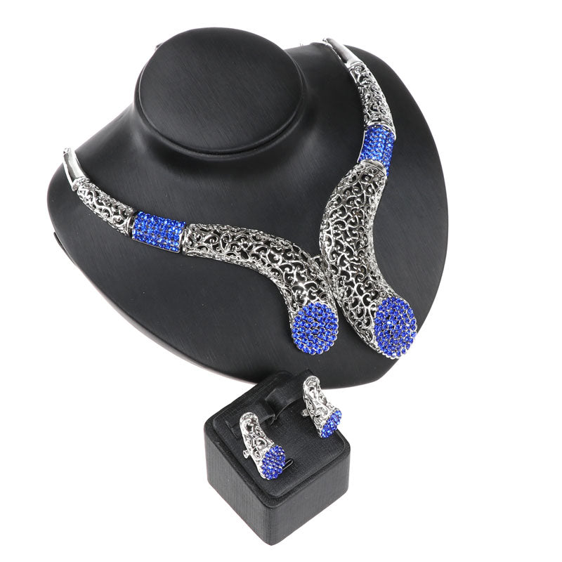Silver-Plated Blue Rhinestone Necklace, Bracelet, Earrings & Ring Wedding Jewelry Set-Jewelry Sets-Innovato Design-Innovato Design