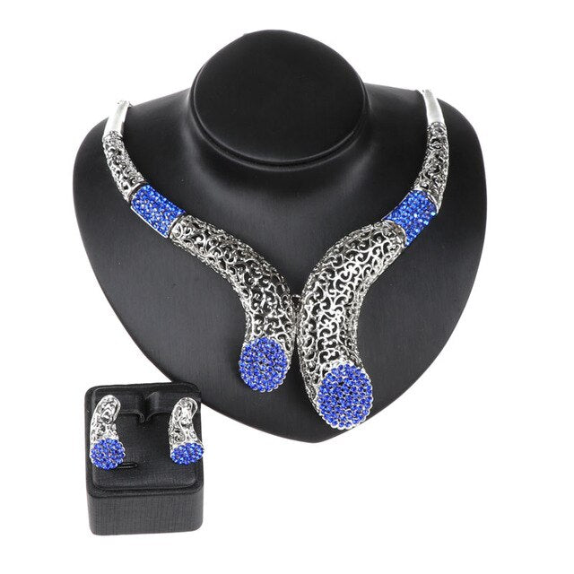 Silver-Plated Blue Rhinestone Necklace, Bracelet, Earrings & Ring Wedding Jewelry Set-Jewelry Sets-Innovato Design-Innovato Design