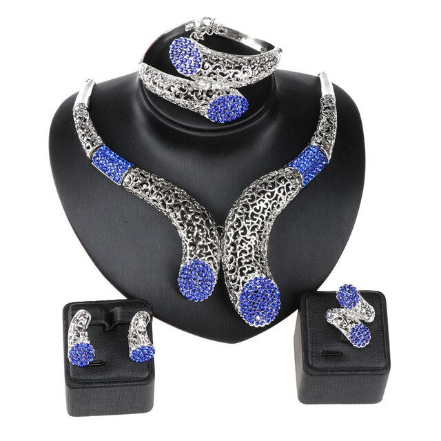 Silver-Plated Blue Rhinestone Necklace, Bracelet, Earrings & Ring Wedding Jewelry Set-Jewelry Sets-Innovato Design-Innovato Design