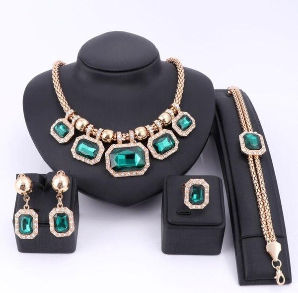 Gold-Plated Green Crystal Necklace, Bracelet, Earrings & Ring Wedding Statement Jewelry Set-Jewelry Sets-Innovato Design-Innovato Design