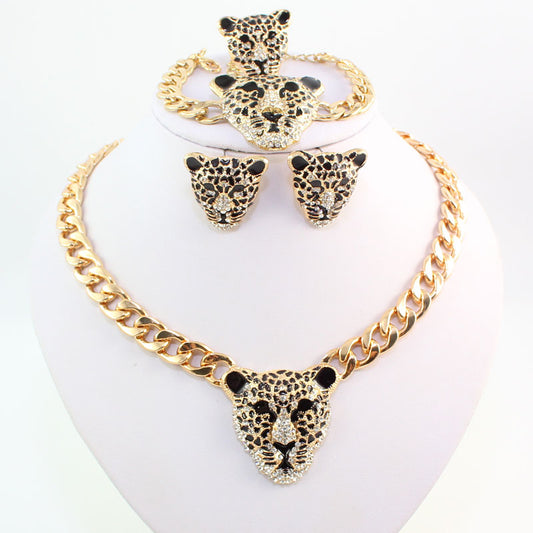 Gold-Plated Leopard Head Crystal Necklace, Bracelet, Earrings & Ring Wedding Statement Jewelry Set-Jewelry Sets-Innovato Design-Innovato Design