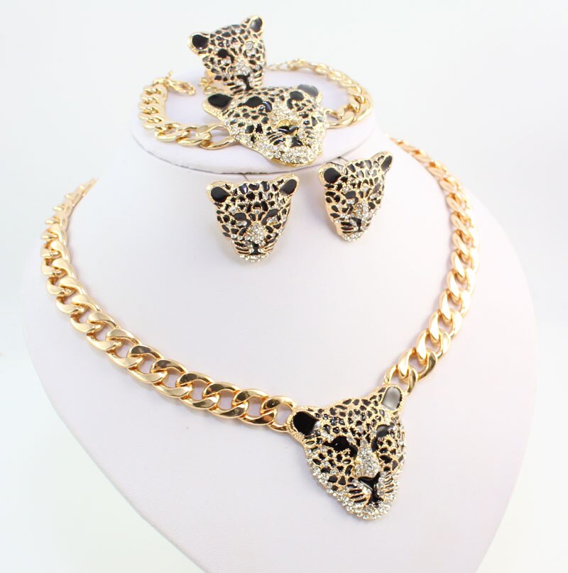 Gold-Plated Leopard Head Crystal Necklace, Bracelet, Earrings & Ring Wedding Statement Jewelry Set-Jewelry Sets-Innovato Design-Innovato Design