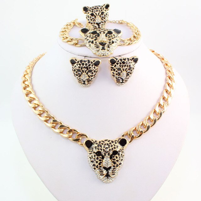 Gold-Plated Leopard Head Crystal Necklace, Bracelet, Earrings & Ring Wedding Statement Jewelry Set-Jewelry Sets-Innovato Design-Innovato Design