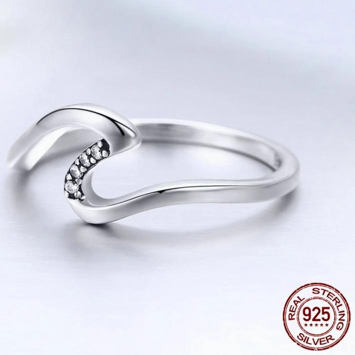 925 Sterling Silver Wave Ring with Four Zirconia Crystals-Rings-Innovato Design-6-Innovato Design