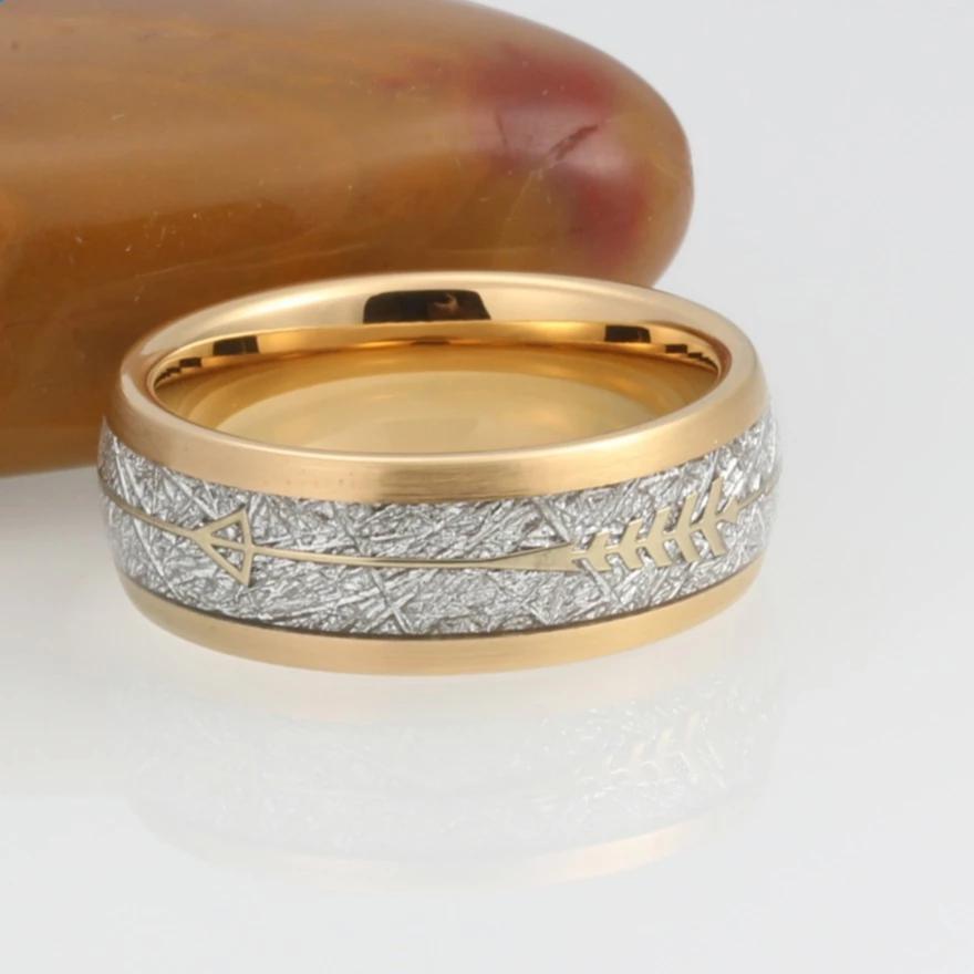 Gold Tungsten Carbide in Meteorite Inlay with Golden Arrow Wedding Band-Rings-Innovato Design-7-Innovato Design
