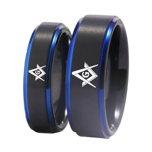6 & 8mm Masonic Design Blue and Black-Plated Tungsten Couple Wedding Ring