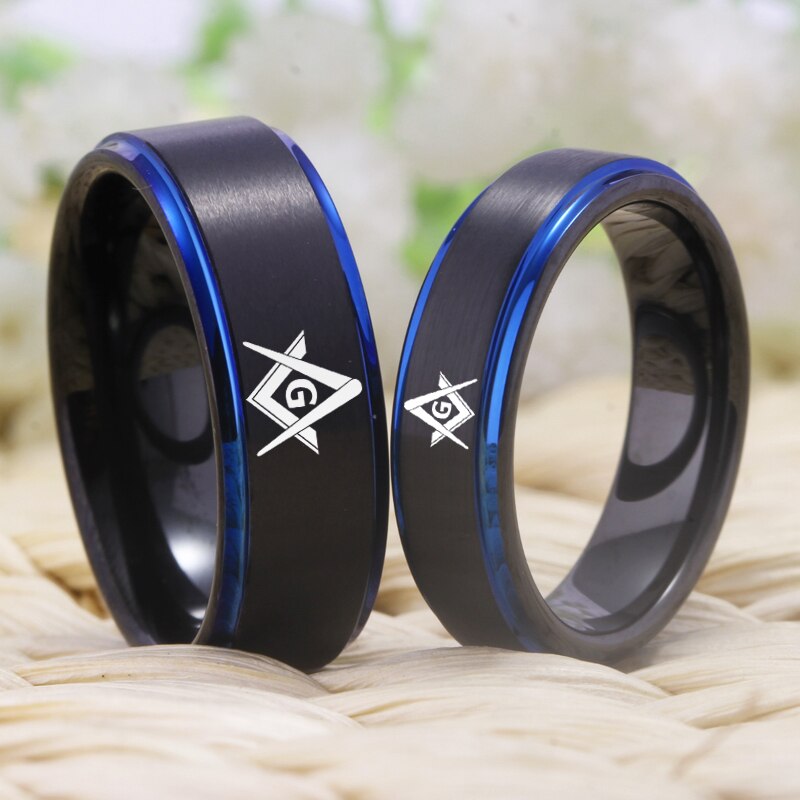 6 & 8mm Masonic Design Blue and Black-Plated Tungsten Couple Wedding Ring-Rings-Innovato Design-5-6mm-Innovato Design