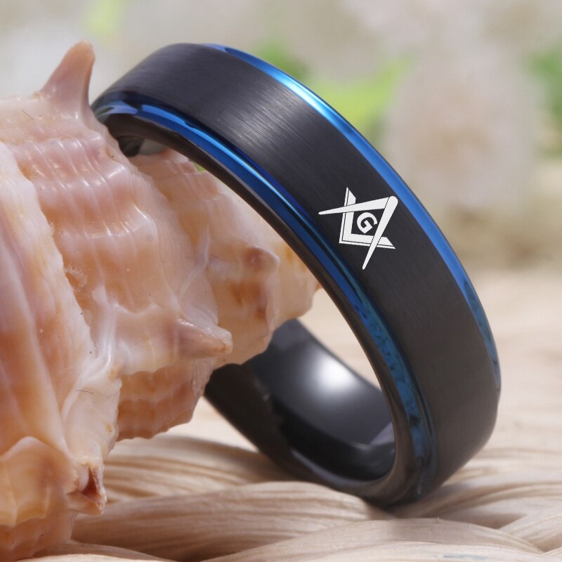 6 & 8mm Masonic Design Blue and Black-Plated Tungsten Couple Wedding Ring-Rings-Innovato Design-5-6mm-Innovato Design