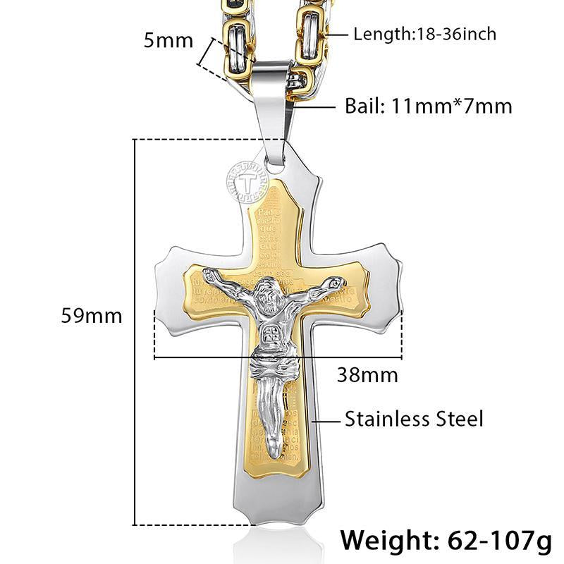 Multilayer Jesus Crucifix Pendant with Byzantine Chain Link Necklace-Necklaces-Innovato Design-Gold-18-Innovato Design