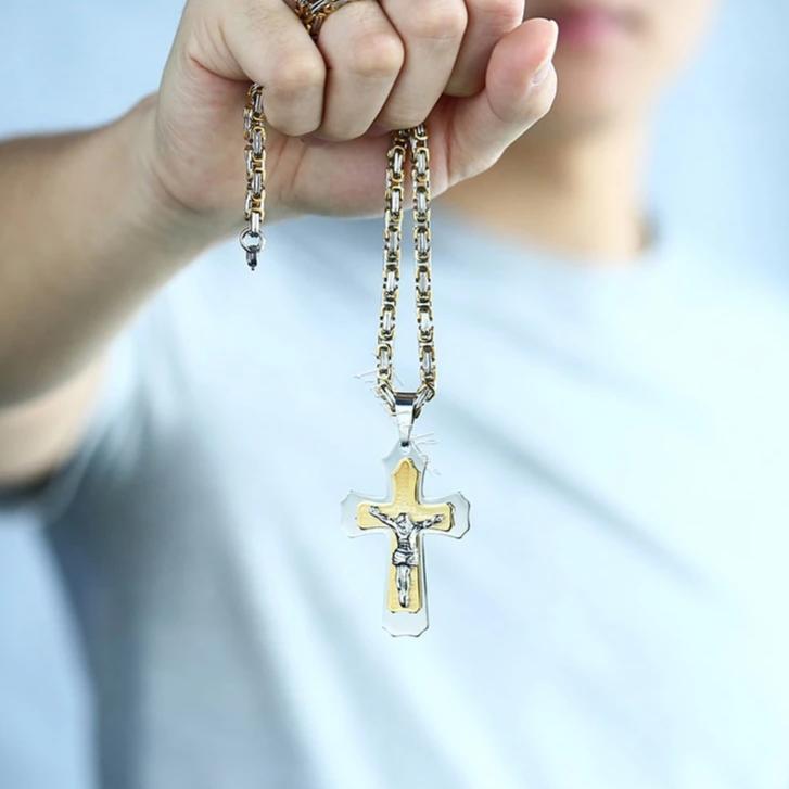 Multilayer Jesus Crucifix Pendant with Byzantine Chain Link Necklace-Necklaces-Innovato Design-Gold-18-Innovato Design