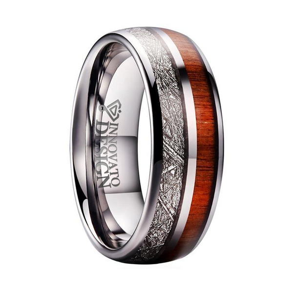 8mm Silver Plated Meteorite and Real Wood Inlay Tungsten Ring-Rings-Innovato Design-6-Innovato Design