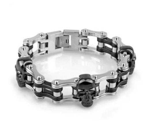 Motorcycle Chain Bracelet Titanium Silver Plated Bracelet with Black Skull-Bracelets-Innovato Design-Innovato Design