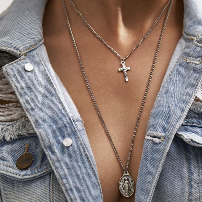 Cross and Mary Pendant on 2-Layer Chain Link Necklace-Necklaces-Innovato Design-Alfa-Innovato Design