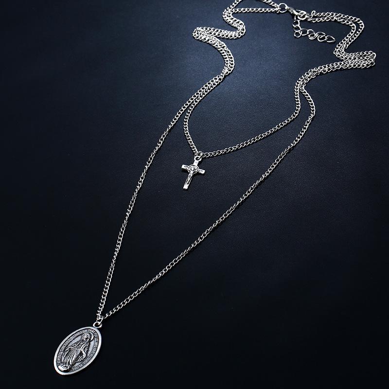 Cross and Mary Pendant on 2-Layer Chain Link Necklace-Necklaces-Innovato Design-Alfa-Innovato Design