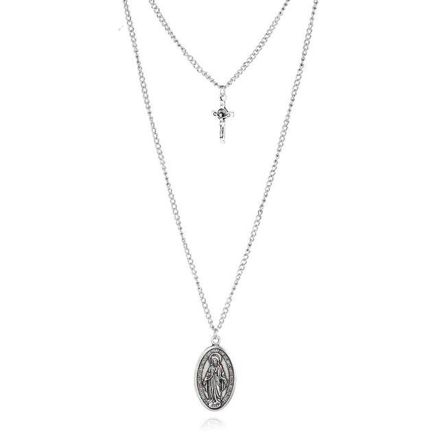 Cross and Mary Pendant on 2-Layer Chain Link Necklace-Necklaces-Innovato Design-Alfa-Innovato Design