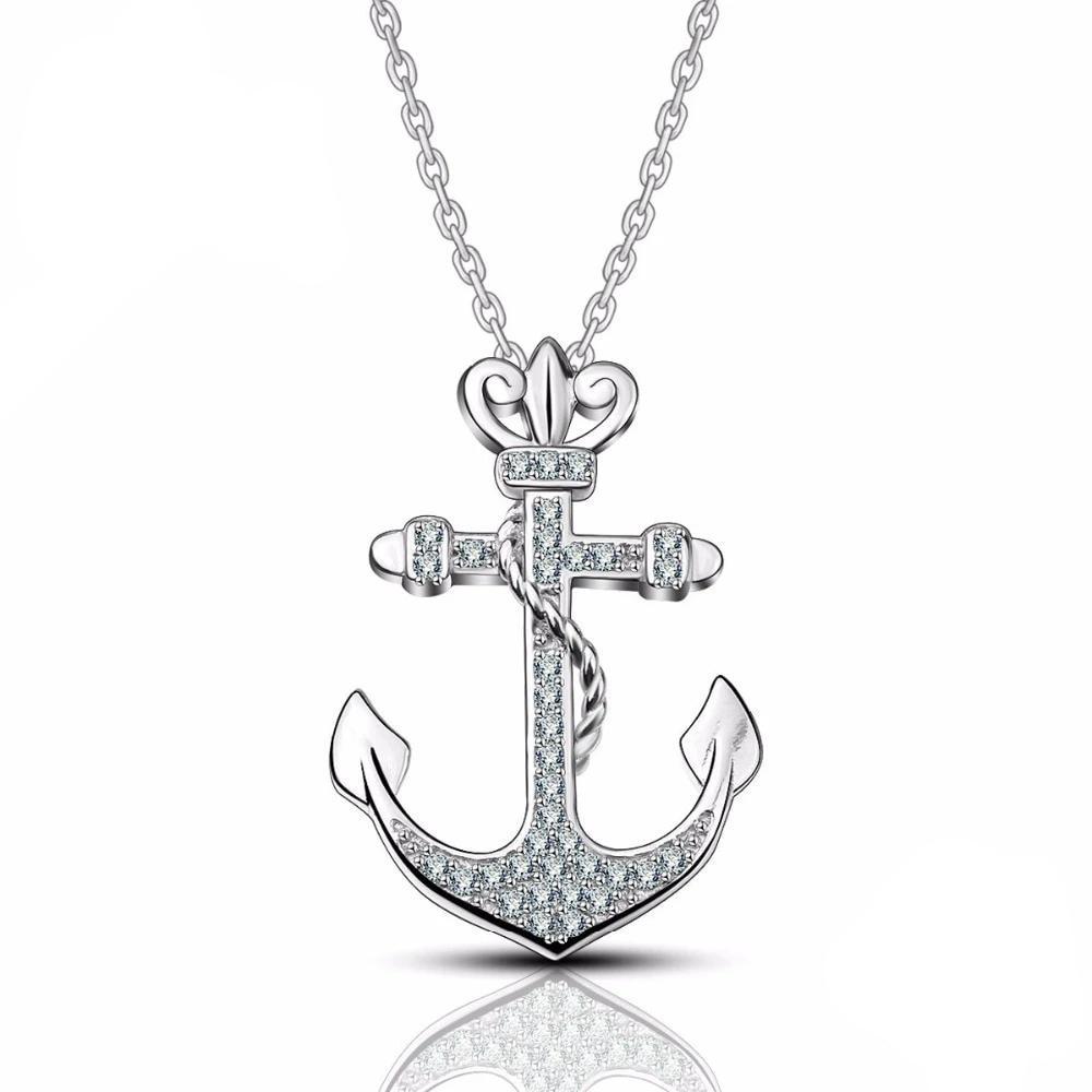 Sterling Silver Crystal-studded Anchor Pendant Necklace-Necklaces-Innovato Design-Innovato Design