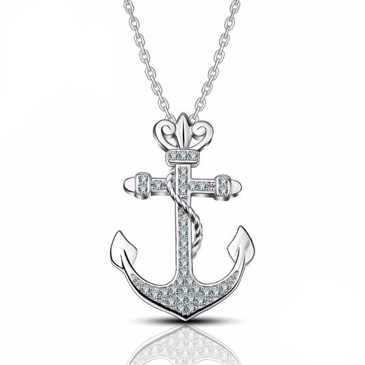 Sterling Silver Crystal-studded Anchor Pendant Necklace-Necklaces-Innovato Design-Innovato Design