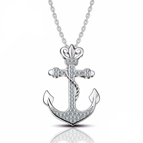Sterling Silver Crystal-studded Anchor Pendant Necklace-Necklaces-Innovato Design-Innovato Design