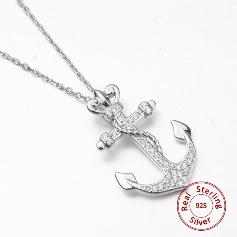 Sterling Silver Crystal-studded Anchor Pendant Necklace-Necklaces-Innovato Design-Innovato Design