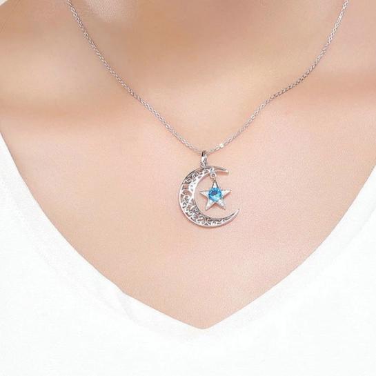 925 Sterling Silver Crescent Moon with Dangling Star Crystal-Necklaces-Innovato Design-Innovato Design