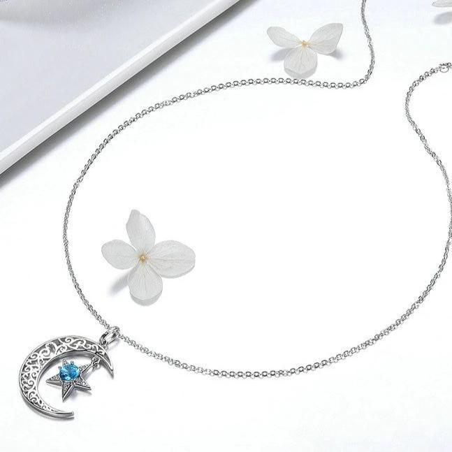 925 Sterling Silver Crescent Moon with Dangling Star Crystal-Necklaces-Innovato Design-Innovato Design