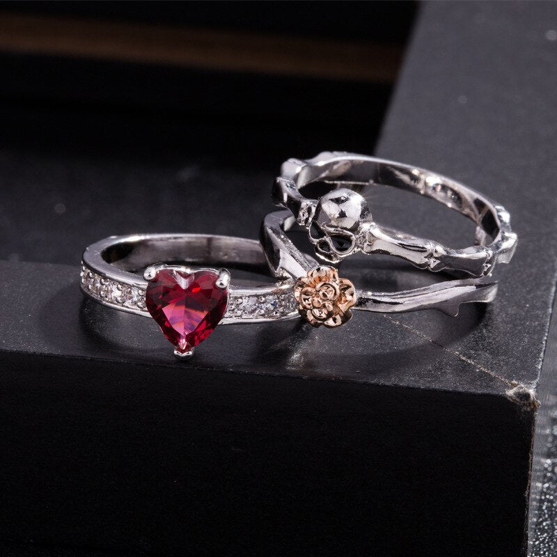 Skull, Skeleton, Flower and Red Heart Crystal Punk Engagement Ring Set-Rings-Innovato Design-5-Innovato Design