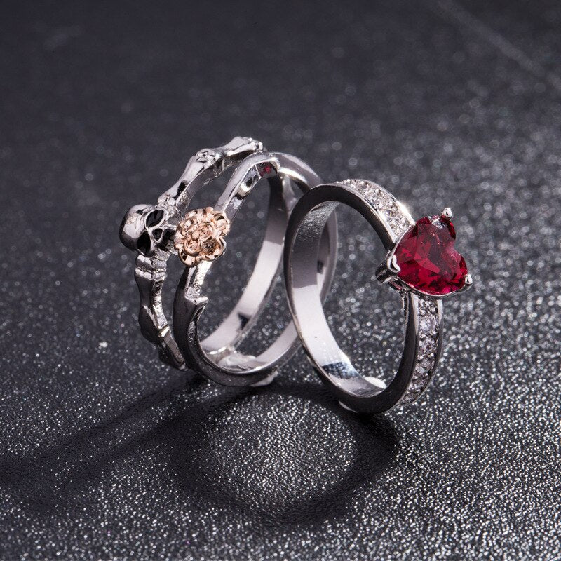 Skull, Skeleton, Flower and Red Heart Crystal Punk Engagement Ring Set-Rings-Innovato Design-5-Innovato Design