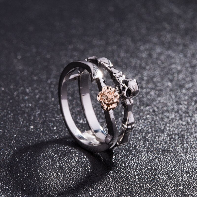 Skull, Skeleton, Flower and Red Heart Crystal Punk Engagement Ring Set-Rings-Innovato Design-5-Innovato Design