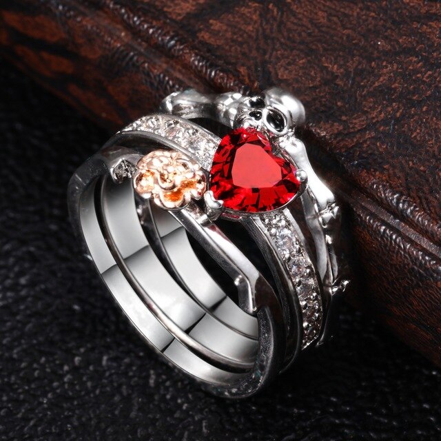 Skull, Skeleton, Flower and Red Heart Crystal Punk Engagement Ring Set-Rings-Innovato Design-5-Innovato Design