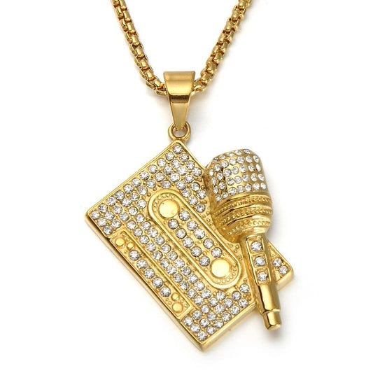 Gemstone-Studded Microphone Tape Bling Stainless Steel Hip-hop Pendant Necklace-Necklaces-Innovato Design-Innovato Design