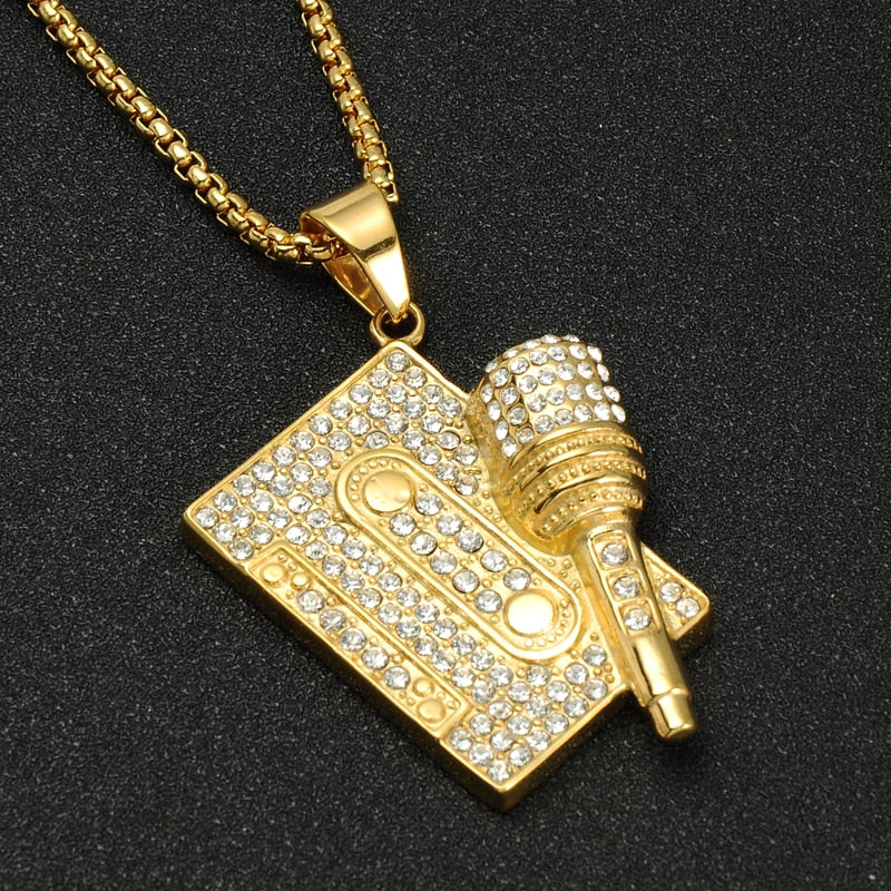 Gemstone-Studded Microphone Tape Bling Stainless Steel Hip-hop Pendant Necklace-Necklaces-Innovato Design-Innovato Design