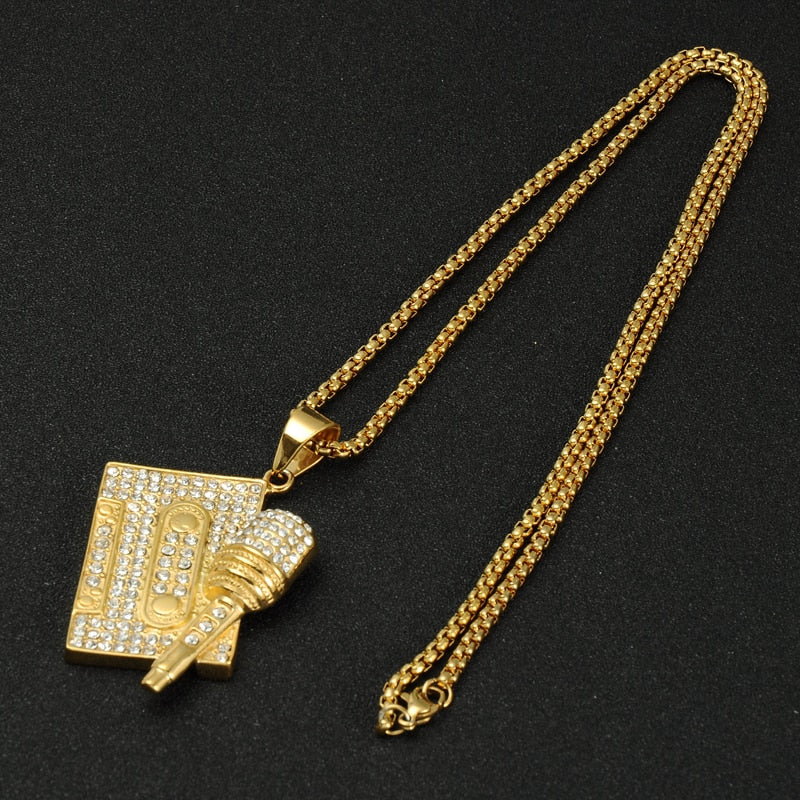 Gemstone-Studded Microphone Tape Bling Stainless Steel Hip-hop Pendant Necklace-Necklaces-Innovato Design-Innovato Design
