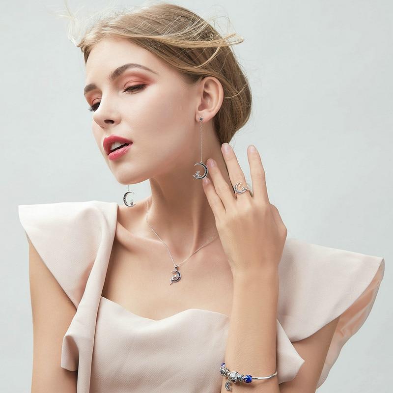 925 Sterling Silver Blue Crystal Crescent Moon and Fairy Pendant Necklace-Necklaces-Innovato Design-Innovato Design