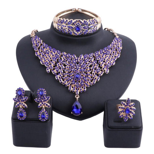 Moroccan Style Crystal and Rhinestone Necklace, Bracelet, Earrings & Ring Wedding Jewelry Set-Jewelry Sets-Innovato Design-Silver-Innovato Design