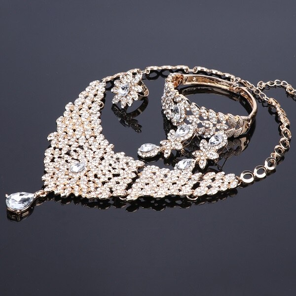 Moroccan Style Crystal and Rhinestone Necklace, Bracelet, Earrings & Ring Wedding Jewelry Set-Jewelry Sets-Innovato Design-Silver-Innovato Design