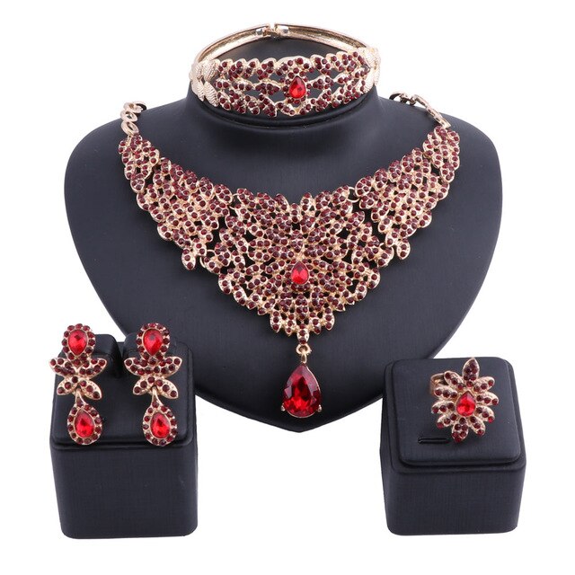 Moroccan Style Crystal and Rhinestone Necklace, Bracelet, Earrings & Ring Wedding Jewelry Set-Jewelry Sets-Innovato Design-Gold Red-Innovato Design