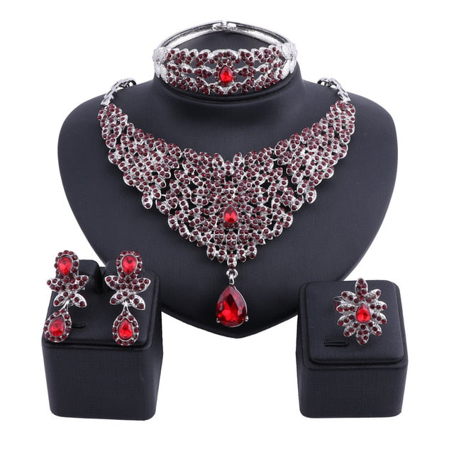 Moroccan Style Crystal and Rhinestone Necklace, Bracelet, Earrings & Ring Wedding Jewelry Set-Jewelry Sets-Innovato Design-Silver Red-Innovato Design