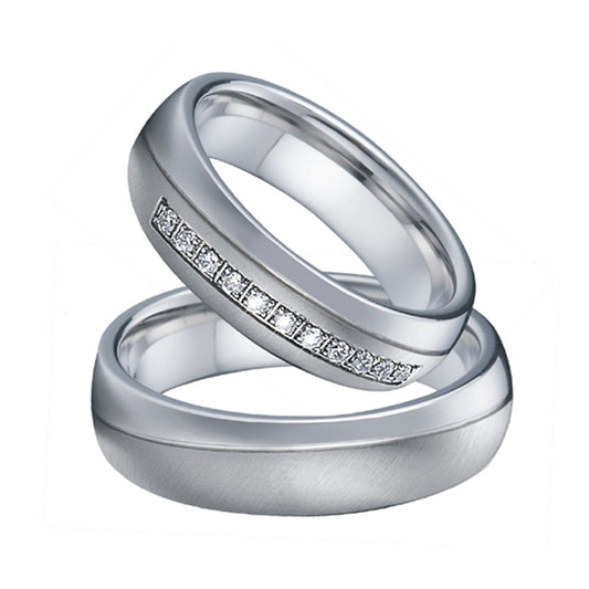 Brushed & Polished Silver and Cubic Zirconia Stainless Steel Wedding Ring Set-Couple Rings-Innovato Design-7-5-Innovato Design