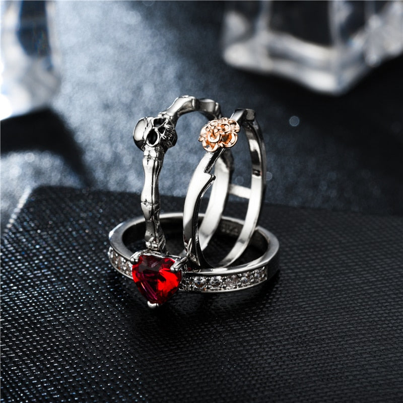 Skull, Skeleton, Flower and Heart Crystal Punk Engagement Ring-Rings-Innovato Design-5-Innovato Design