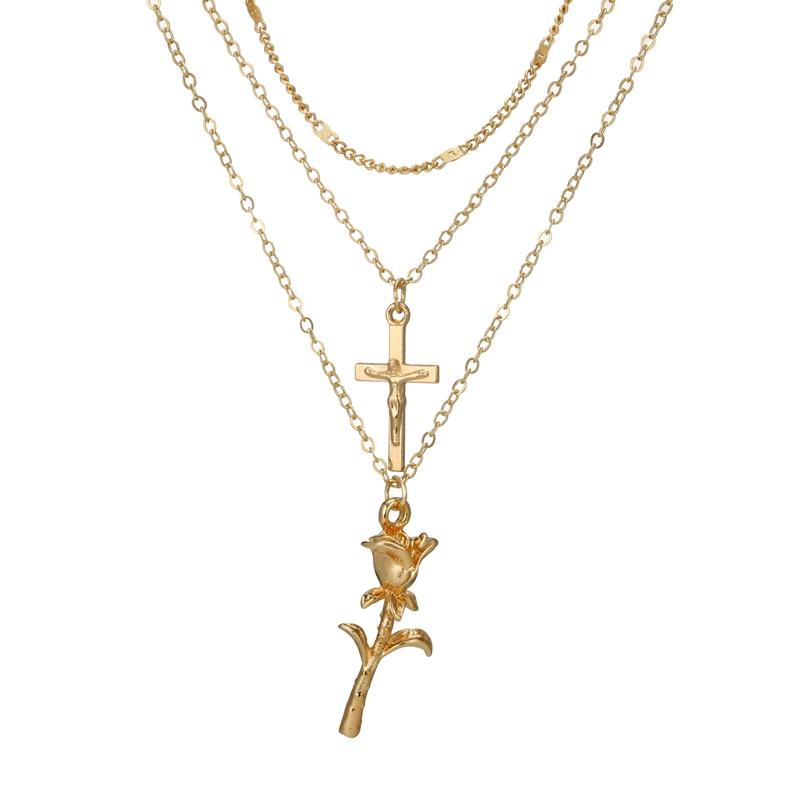 Cross and Rose Pendant Triple Chain Gold Necklace-Necklaces-Innovato Design-Innovato Design