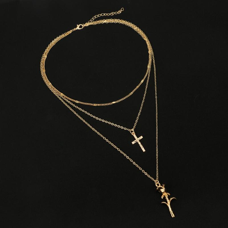 Cross and Rose Pendant Triple Chain Gold Necklace-Necklaces-Innovato Design-Innovato Design