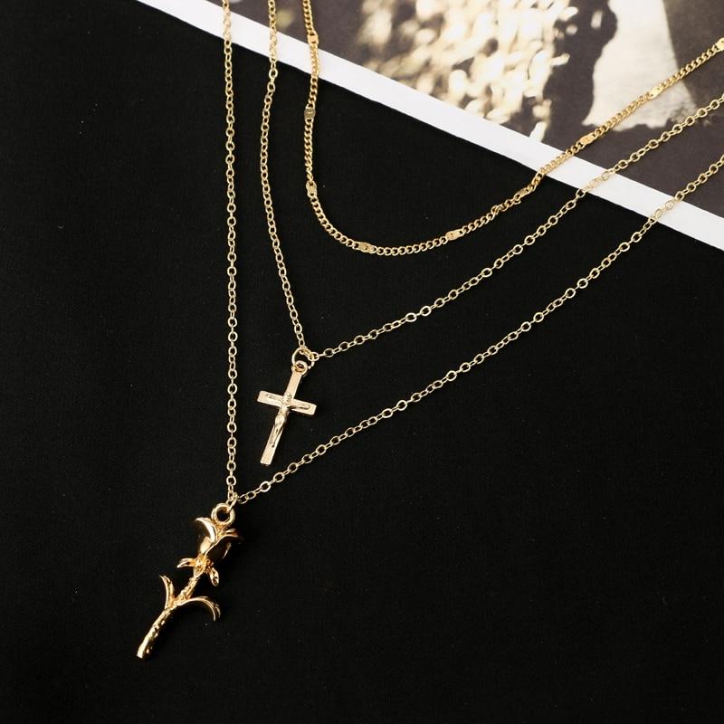 Cross and Rose Pendant Triple Chain Gold Necklace-Necklaces-Innovato Design-Innovato Design