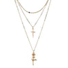 Cross and Rose Pendant Triple Chain Gold Necklace - InnovatoDesign