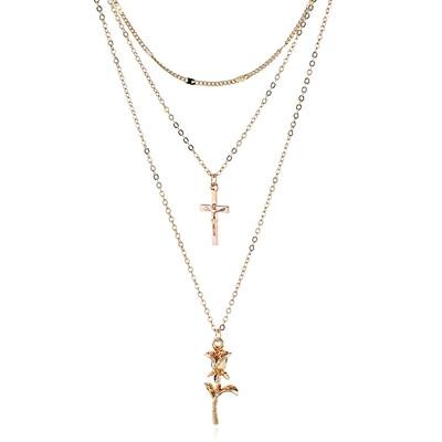 Cross and Rose Pendant Triple Chain Gold Necklace - InnovatoDesign