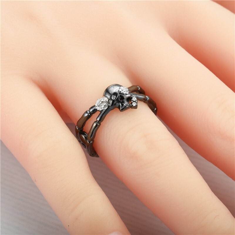 Skull, Skeleton Hand, Flower and Cubic Zirconia Punk Biker Ring-Rings-Innovato Design-6-Black-Innovato Design